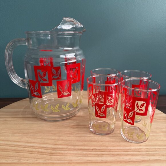 Federal Glass Co Set Juice Pitcher and Glasses Art Deco Red Yellow Mid Century - Picture 2 of 16